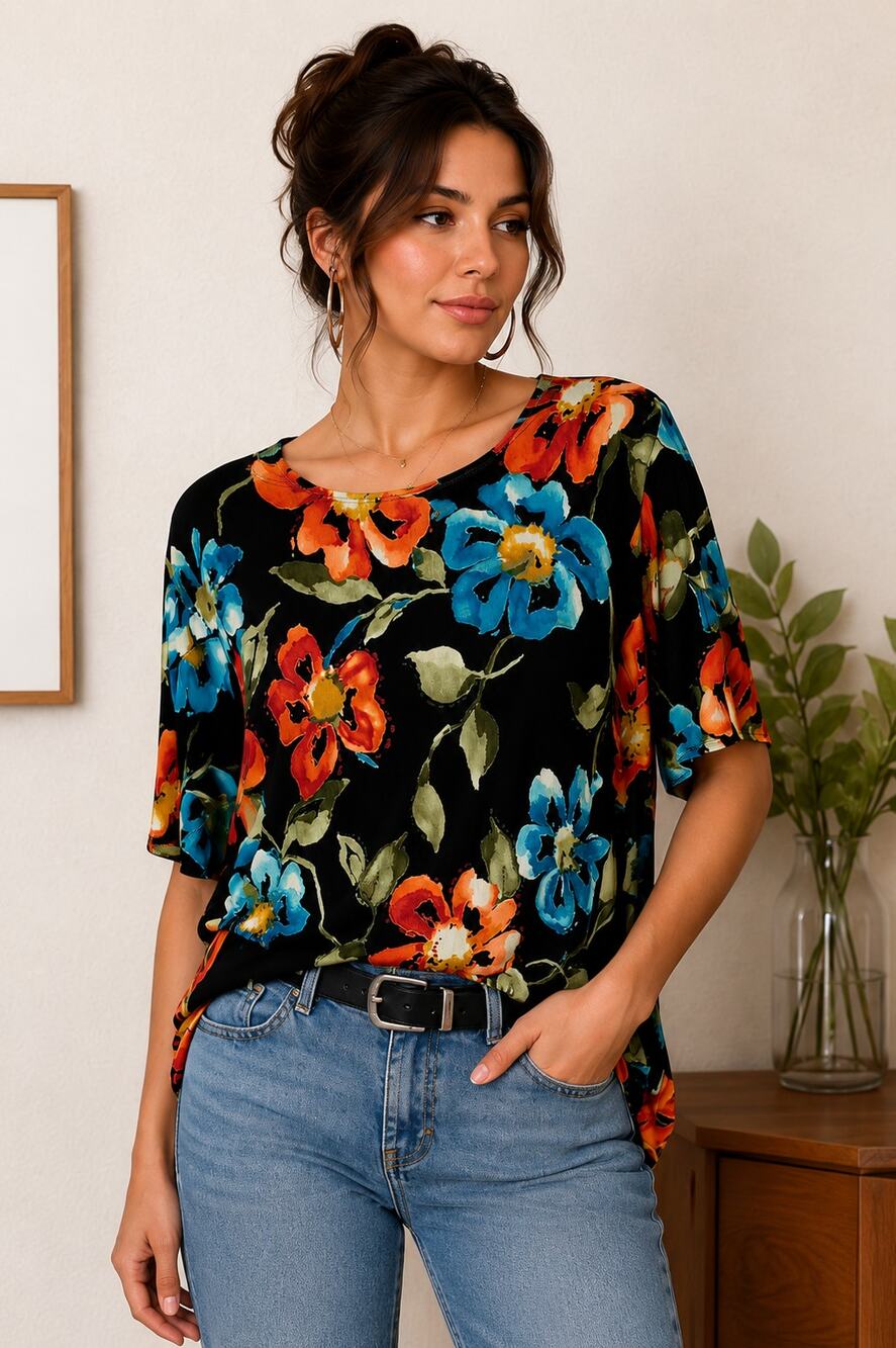 Black Floral Slinky Stretch Top S Artsy Boho Blue Orange Tunic Blouse